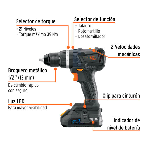 taladro truper max 20v + 2 baterias + cargador