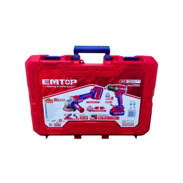 combo inalámbrico emtop 20v: taladro + pulidora