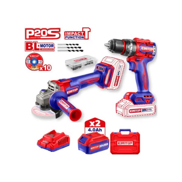 combo inalámbrico emtop 20v: taladro + pulidora