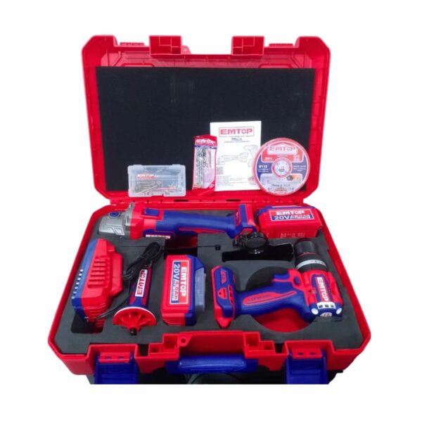 combo inalámbrico emtop 20v: taladro + pulidora
