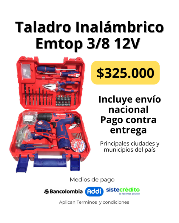 taladro inalámbrico emtop 3/8 12v batería 1.5ah